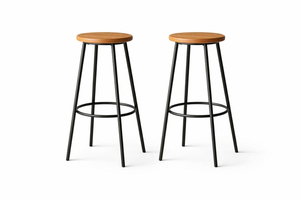 Set of 2 Aluminum and solid oak wood Bar Stools with Round Seat 75 cm Height Black