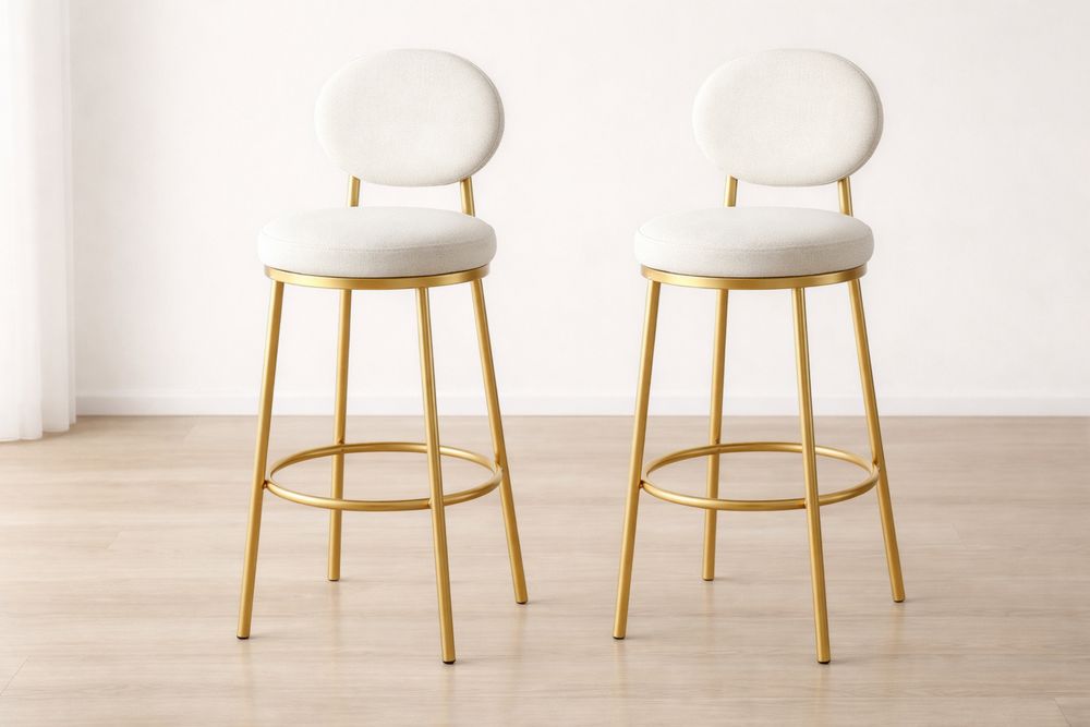 Set of 2 Gold Aluminum Frame Bar Stools with White Polyester Upholstery