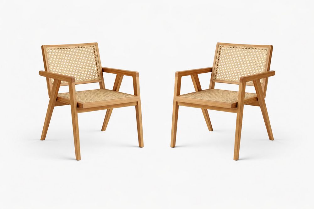 Set of 2 Teak Wood Armchairs with Woven Rattan Back and Seat
